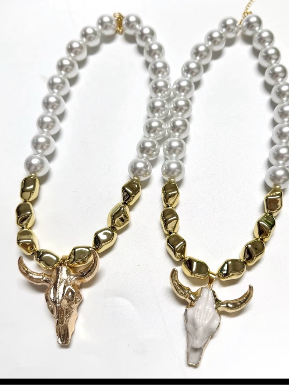 Gold or White Pearl Bull Skull Necklace - Women Western Boho Necklace Jewelry